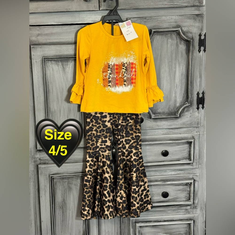 Yellow ‘Thankful’ Ruffle Top and Leopard Print Pants Set